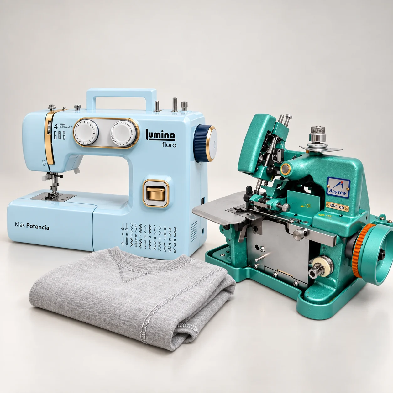Combo Flora: overlock semi industrial de 3 hilos junto a la recta familiar Lumina Flora