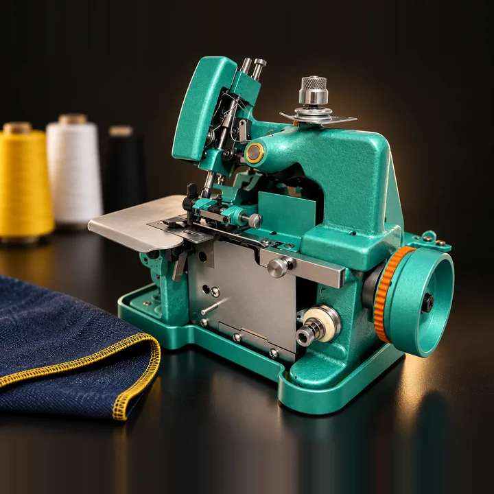 Overlock semi industrial de 3 hilos sobre una mesa oscura, con conos de hilo y un borde de jean terminado