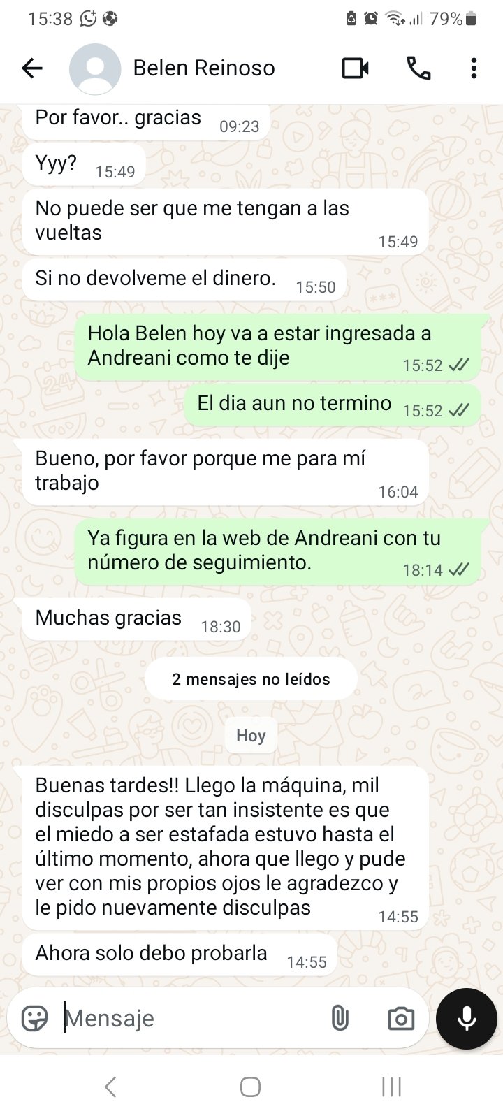 Captura de WhatsApp de Belen: Dudó hasta el último momento. Al recibir, se disculpó por haber desconfiado.