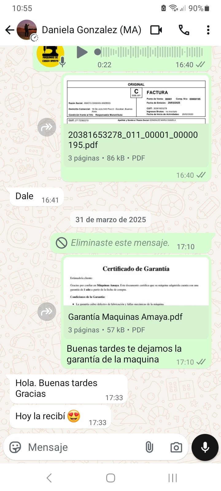 Captura de WhatsApp de Daniela: Recibió la factura, la garantía escrita y la Overlock el mismo día.