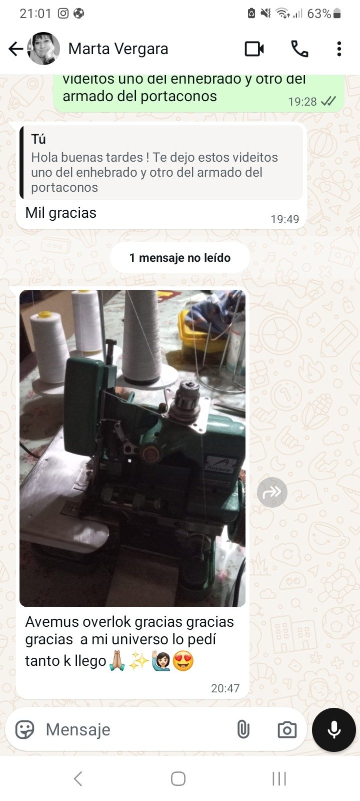 Captura de WhatsApp de Marta: Enhebrada y con los conos puestos el mismo día que llegó.