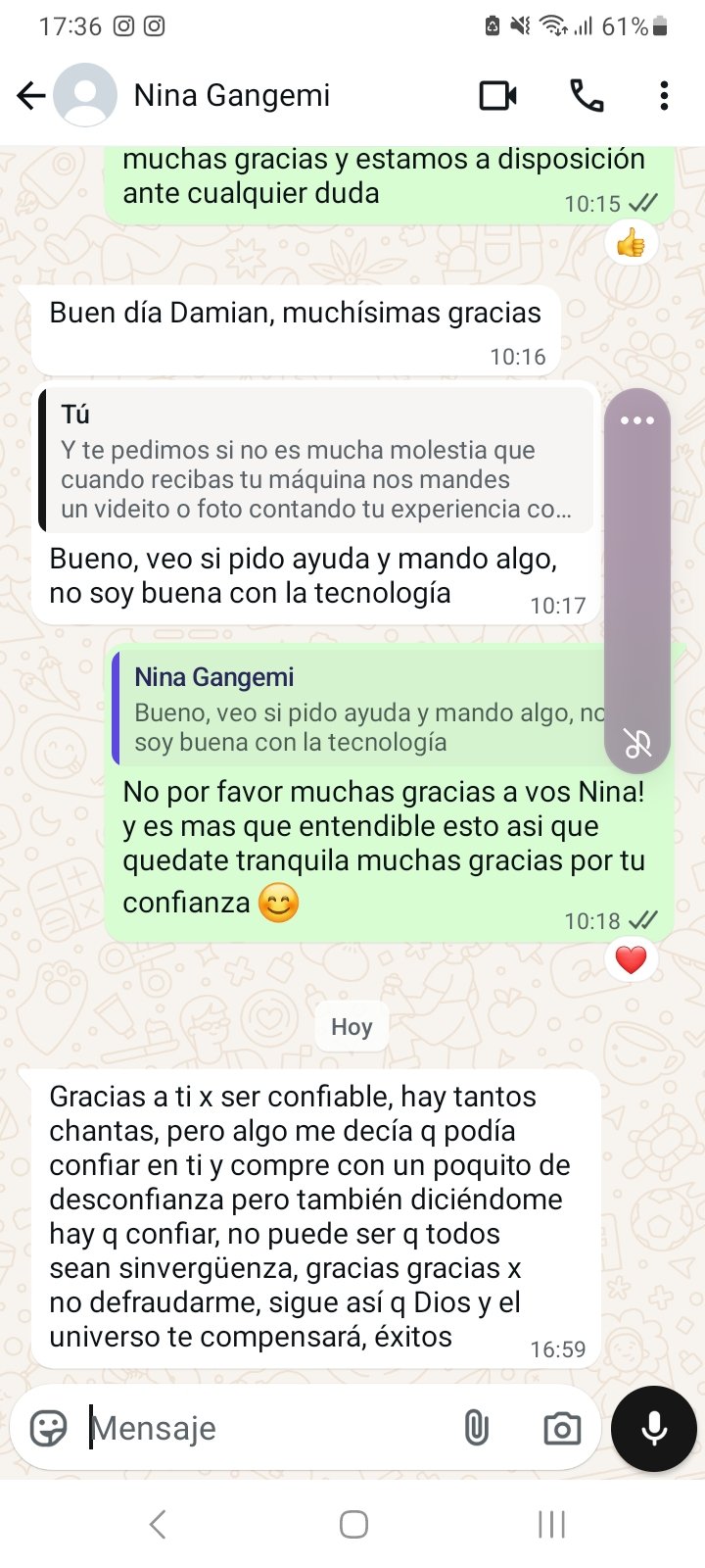 Captura de WhatsApp de Nina: Compró con desconfianza. Volvió a escribir después de recibir.