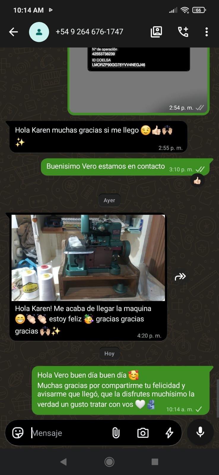 Captura de WhatsApp de Vero: Overlock armada sobre su mesa de trabajo, en San Juan.