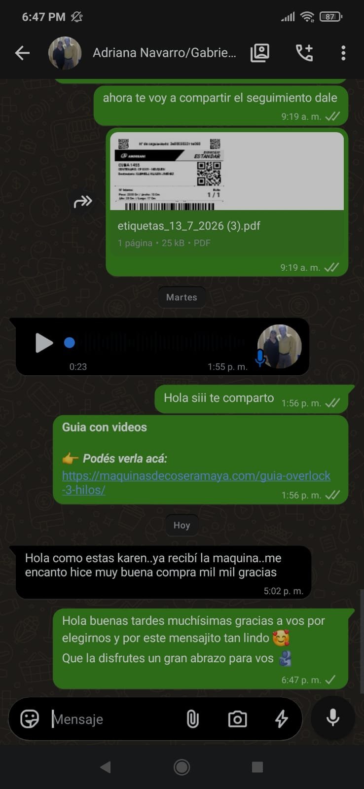 Captura de WhatsApp de Adriana: Le mandamos el seguimiento y la guía. Llegó a Neuquén sin vueltas.