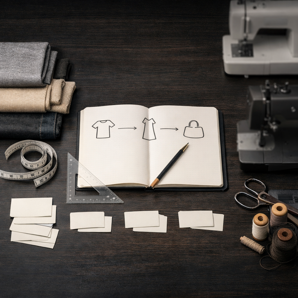 Mesa de trabajo textil ordenada - contexto real