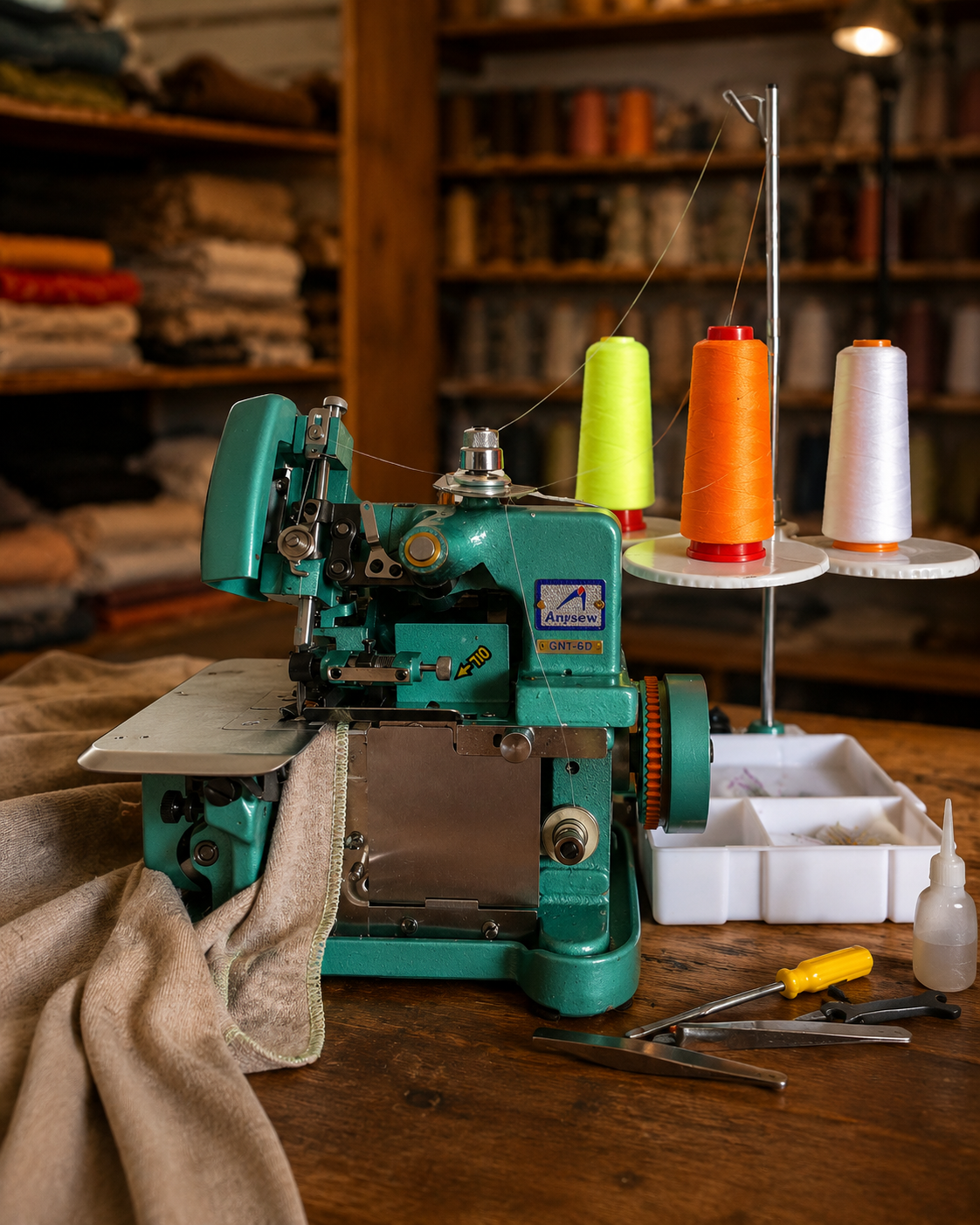 Overlock semi industrial 3 hilos en un taller de costura